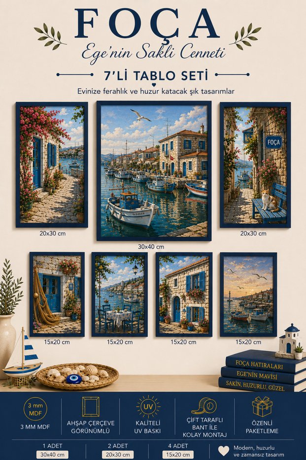 Foça Ege's Hidden Paradise 7-Piece Wooden Frame Look Mdf Painting Set | Fishing Boats & Stone Houses | Uv Printing Wall Decor
