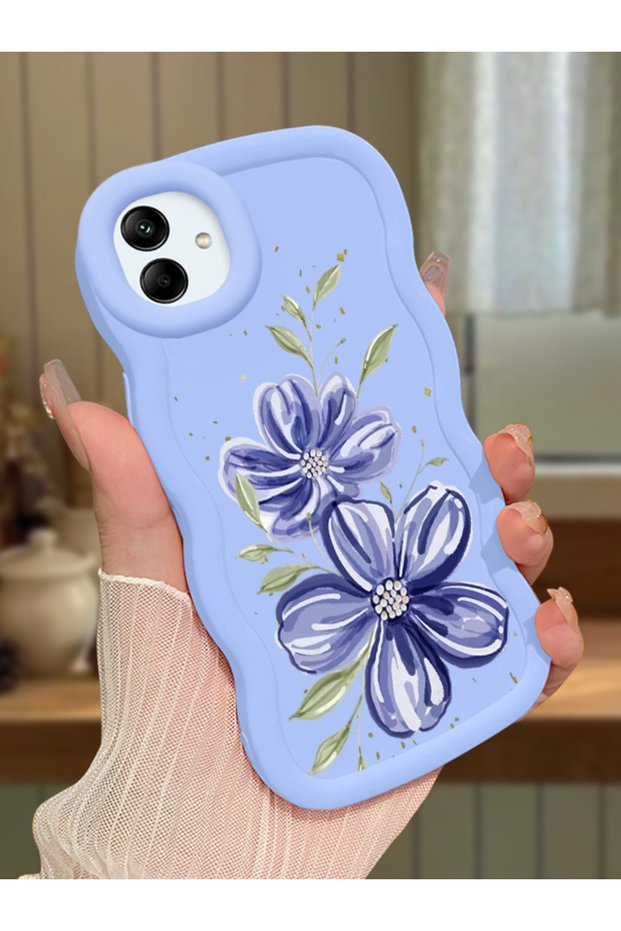 Samsung Galaxy A04 Compatible Case Camera Protector Blue Silicone Couple Phone Case Floral Pattern