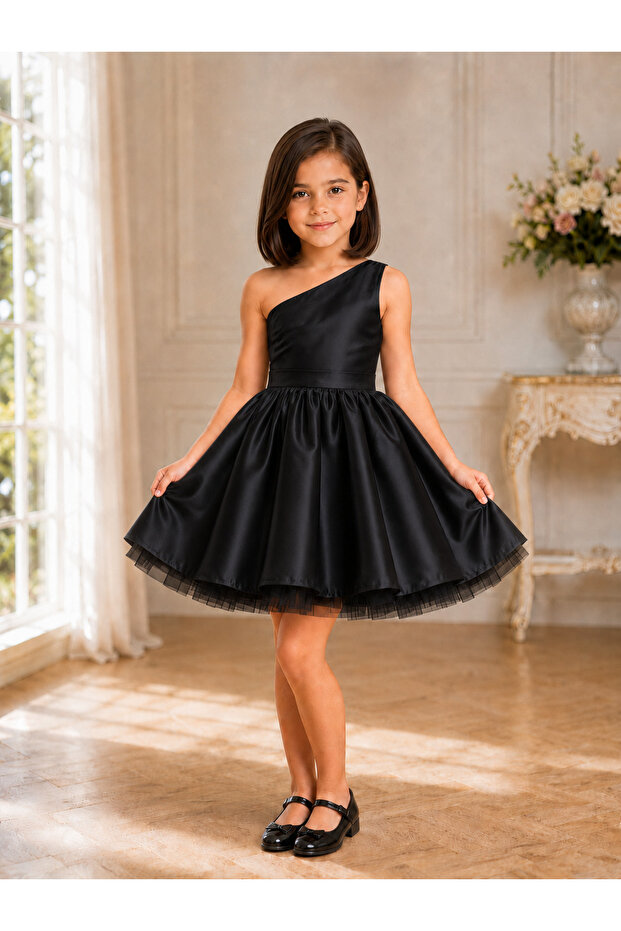 Girl's Black One-Shoulder Bow Detailed Short Satin Dress