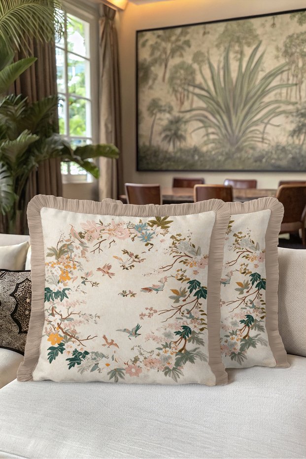 Vintage Patterned Fringed Pillowcase with Floral Birds - Romantic Spring Mink Tassel Throw Pillow Cover
