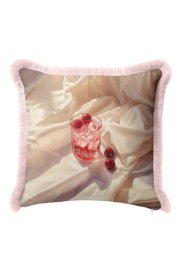 Still Life with Cherries Pastel Velvet Fringed Pillowcase-Fruit Themed Beige Pink Tassel Throw Pillow Cover