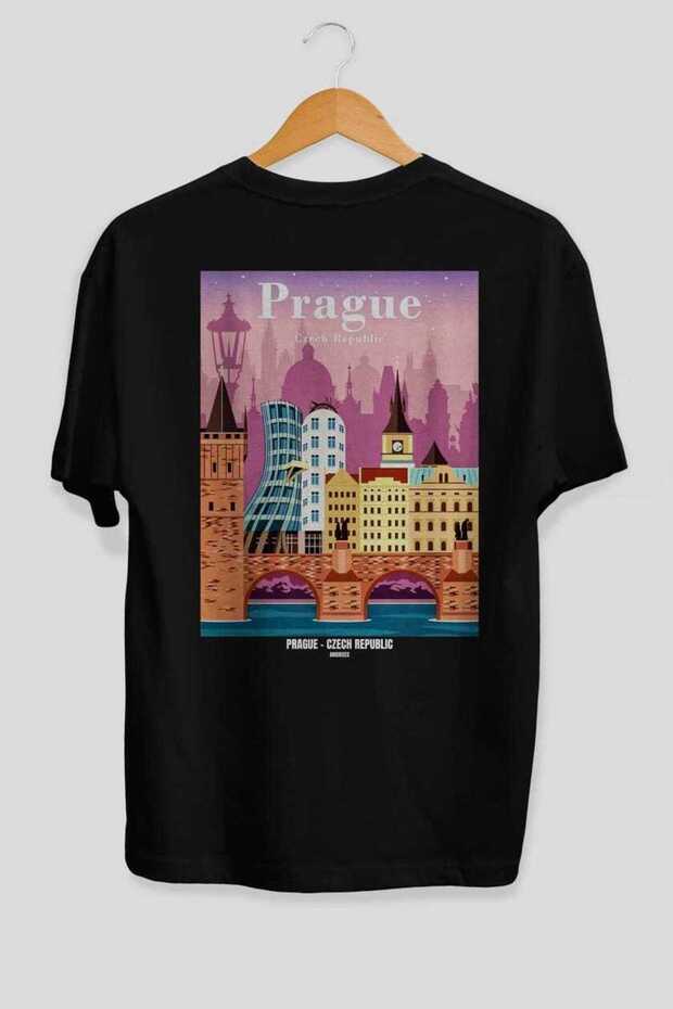 Prague Czech Black Oversize Country City Back Printed Unisex T-Shirt 100% Cotton Premium