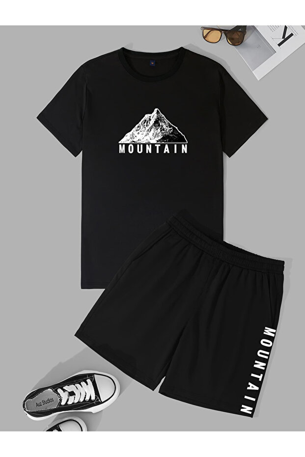 Mountain T-Shirt Shorts Set - Black Printed Oversize Crew Neck