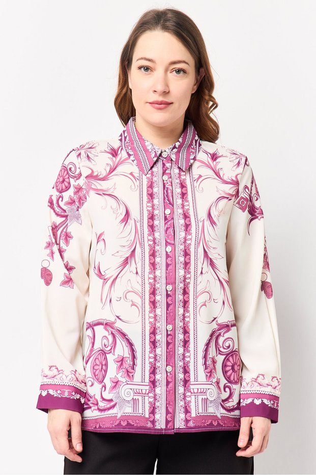 Women Pointed Collar Long Sleeve Floral Print Shirt, Multicolor