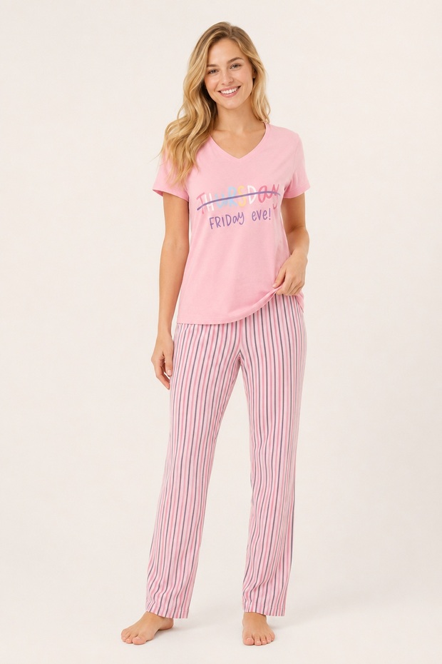 Women's Pajama Set, 100% Cotton, V-Neck, Short Sleeve, Six Stripes
