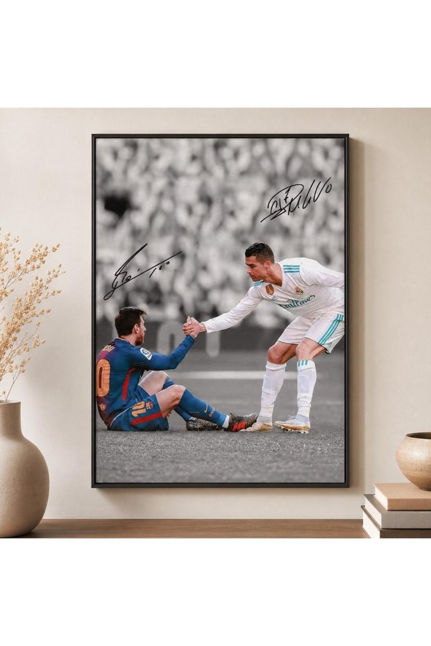 12x16 Inch / 30x40 cm Messi and Ronaldo Handshake | Black Floating Frame Football Wall Art | CR7 Messi GOAT Respect Signature Poster