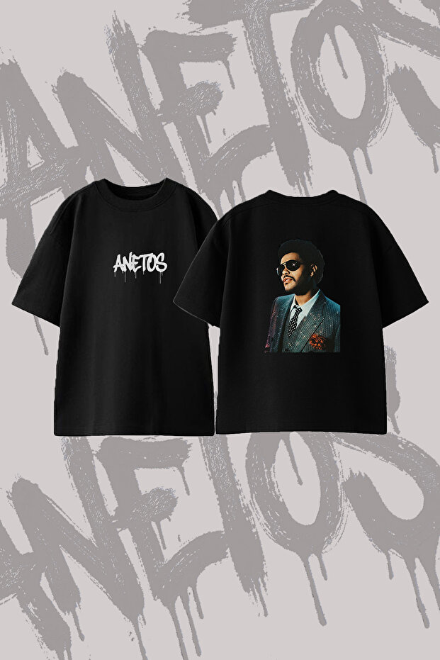 تي شيرت The Weeknd_100 من القطن الأسود المطبوع من الخلف بتصميم كبير الحجم