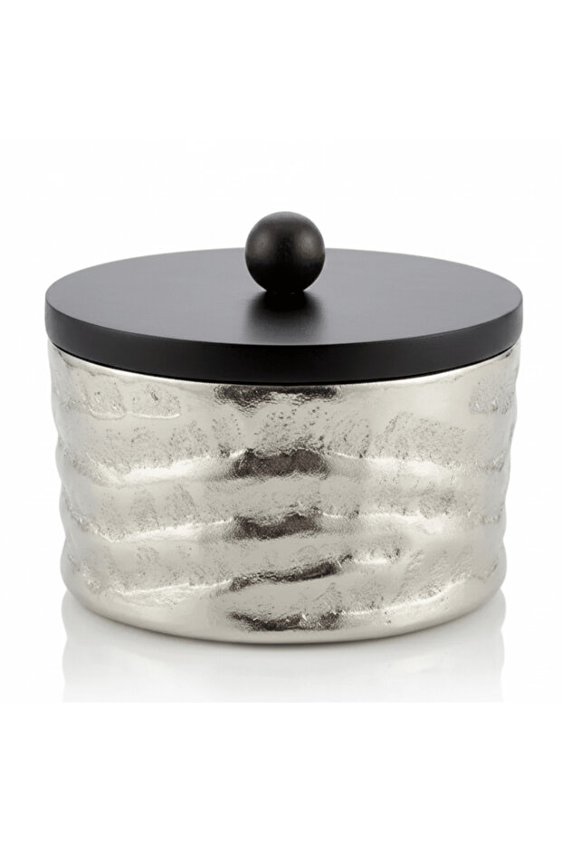 Luhpar Silver Wave Textured Aluminum Round Storage Box With Black Wooden Lid - 14×8 cm - 75006-A