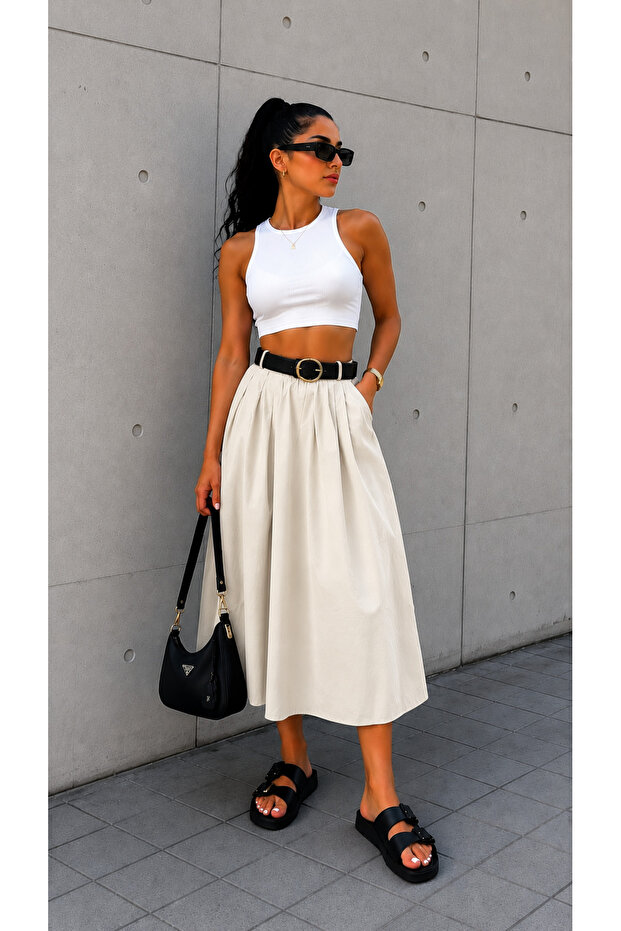 Women's Poplin Skirt with Belt and Pockets