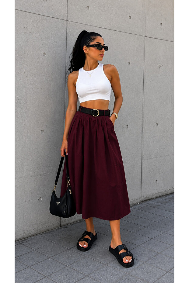 Women's Poplin Skirt with Belt and Pockets