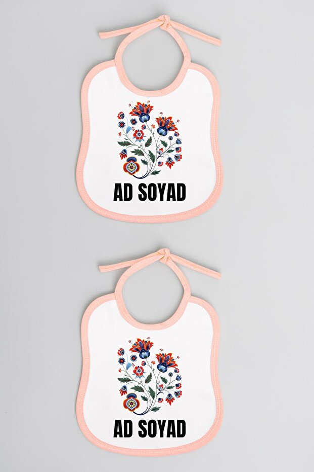 Floral Pattern Printed 2-Piece Linen Pink Baby Bib - Baby Bib Set, Baby Bib Variations, Baby Bib with Writing