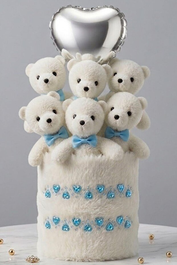 Premium Stone Decorated Plush Teddy Bear Bouquet | Blue Bow Tie & Silver Heart Balloon Gift - for Lover, Girlfriend