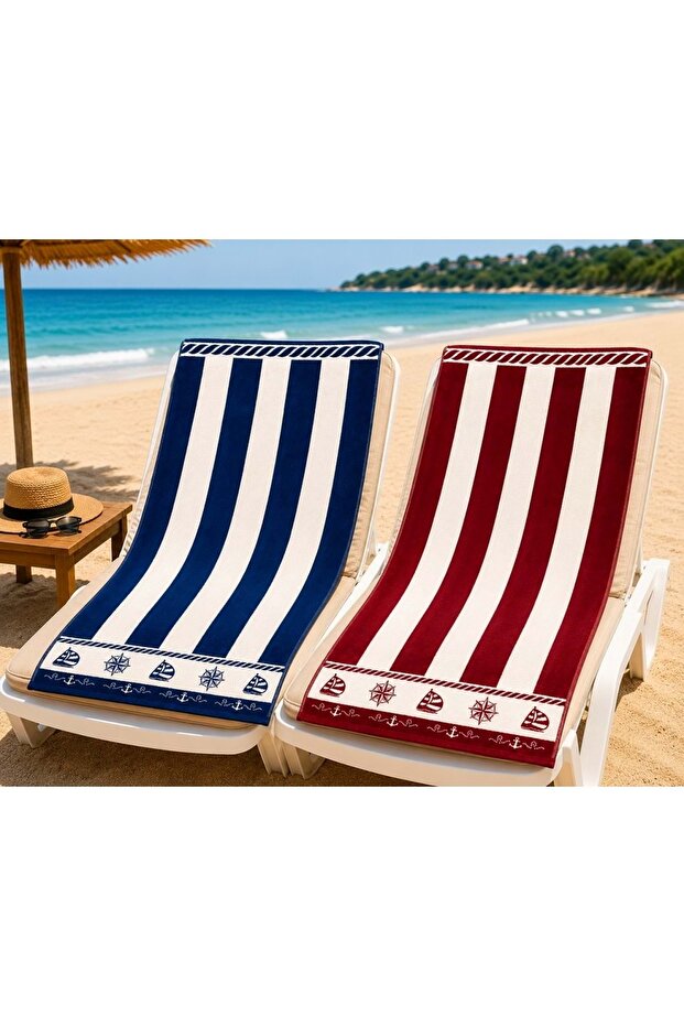 Set of 2 - Compass Burgundy Navy Blue - Beach Towel (70X140)