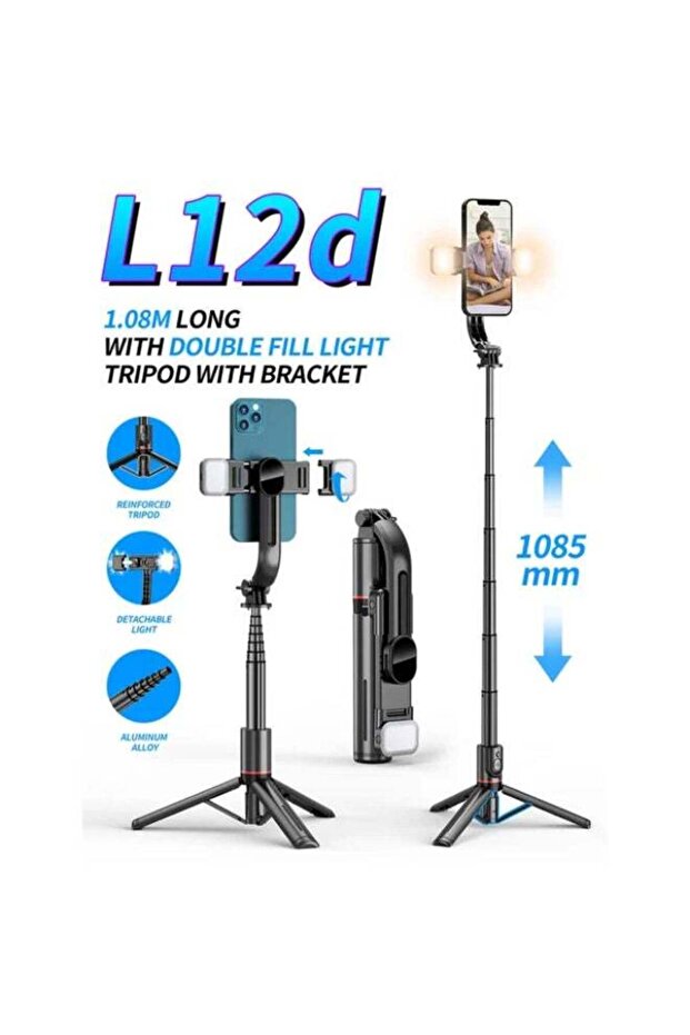 42.7 Inches L12d Foldable Wireless Bluetooth Aluminum Selfie Stick Tripod with Remote Shutter Fill Light for iPhone Android Phone, Portable Phone Camera Stand