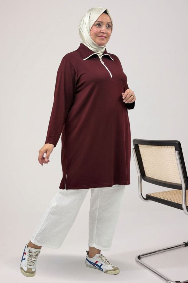 68057 Plus Size Half Zip Modal Tunic - Burgundy
