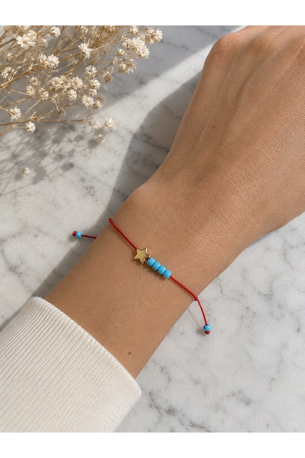 Red String Bracelet with Gold Star Figure and Sand Beads