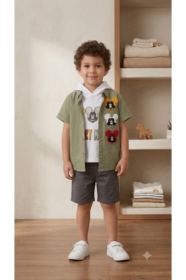1-4 Years Old Baby Boy - Child Double Shirt T-Shirt Summer Buttoned Print Detailed Double Set Shirt+T-Shirt 1-4 Years Old