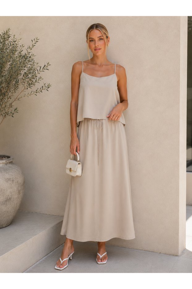 Women's Beige Strappy Blouse with Elastic Waist Maxi Skirt Set