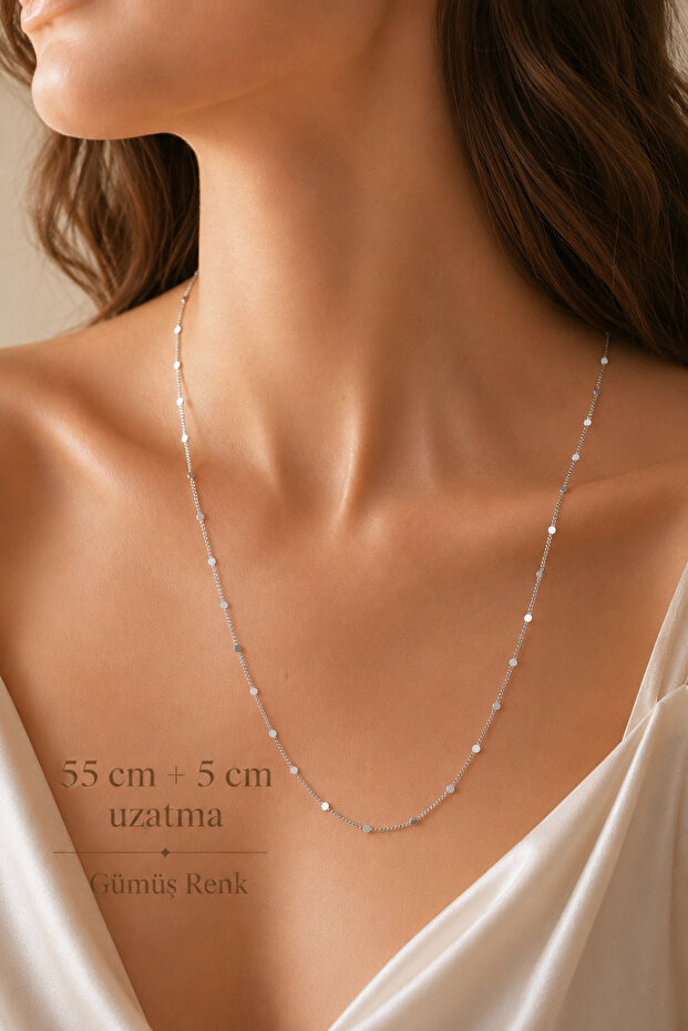 Sparkling Sequin Thin Chain Necklace 55 cm + 5 cm Extension Silver Color
