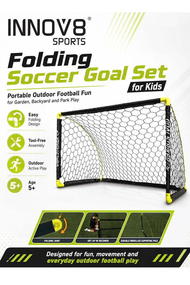 Innov8 by Hostfull Folding Soccer Goal Set for Kids, 137 x 91 x 91 cm Portable Football Net with Push-Button Folding Joints, Fiberglass Support Pole, 4 Ground Stakes, Outdoor Play, Age 5+