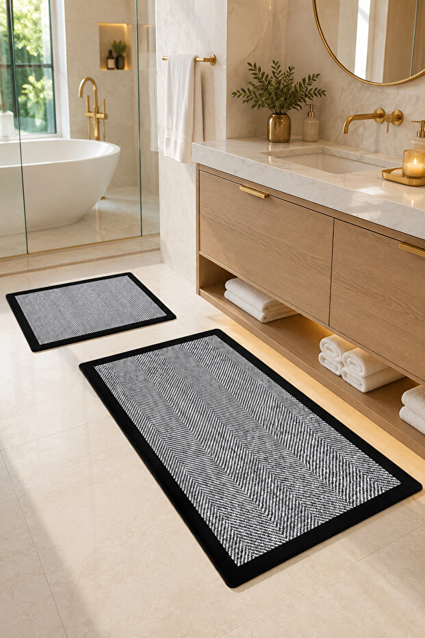 Non-Slip Based Washable 2-Piece Plain Gray Bath Mat and Toilet Set – Modern Bathroom Rug