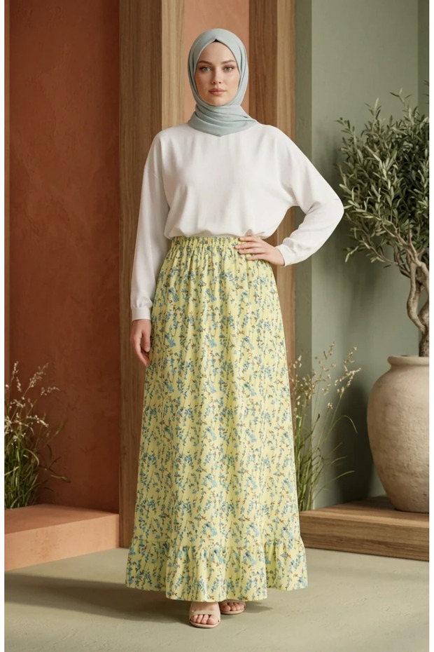 Elastic Waist Floral Patterned Skirt 0303-01 Yellow