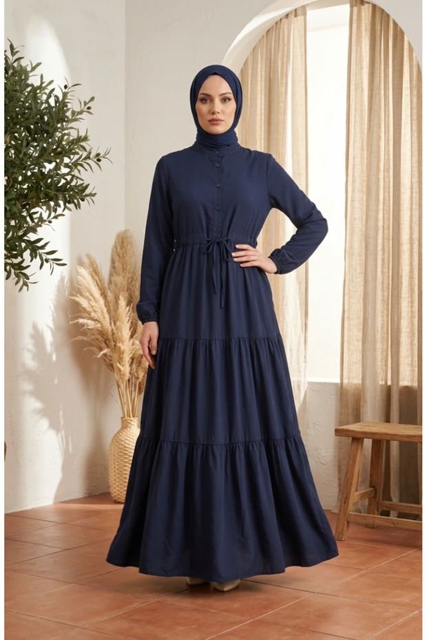 Hakim Collar Buttoned Layered Hijab Dress 0336-04 Navy Blue