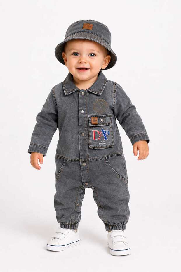 Unisex Kids Baby Jeans (Jeans) Dap Printed Overalls with Hat (6/9/12/18) Months