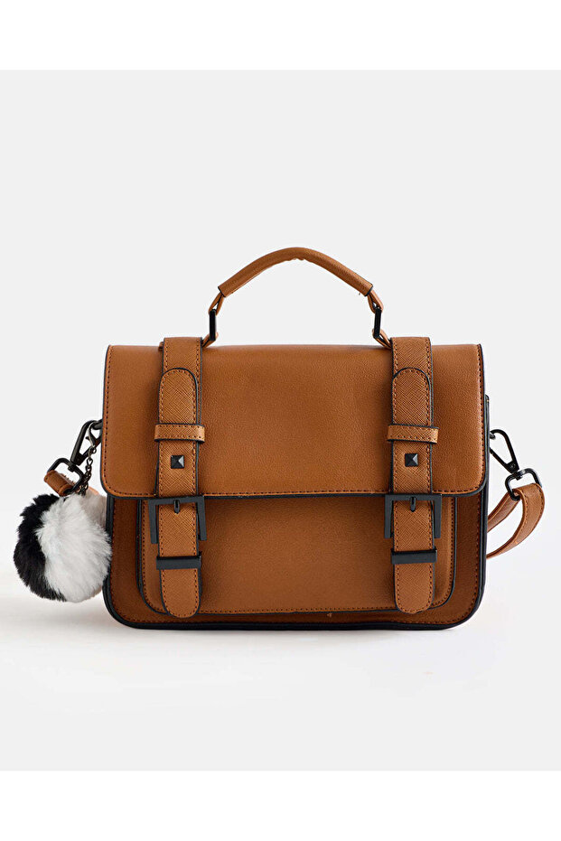 Women Tan Satchel Bag With Pom Pom