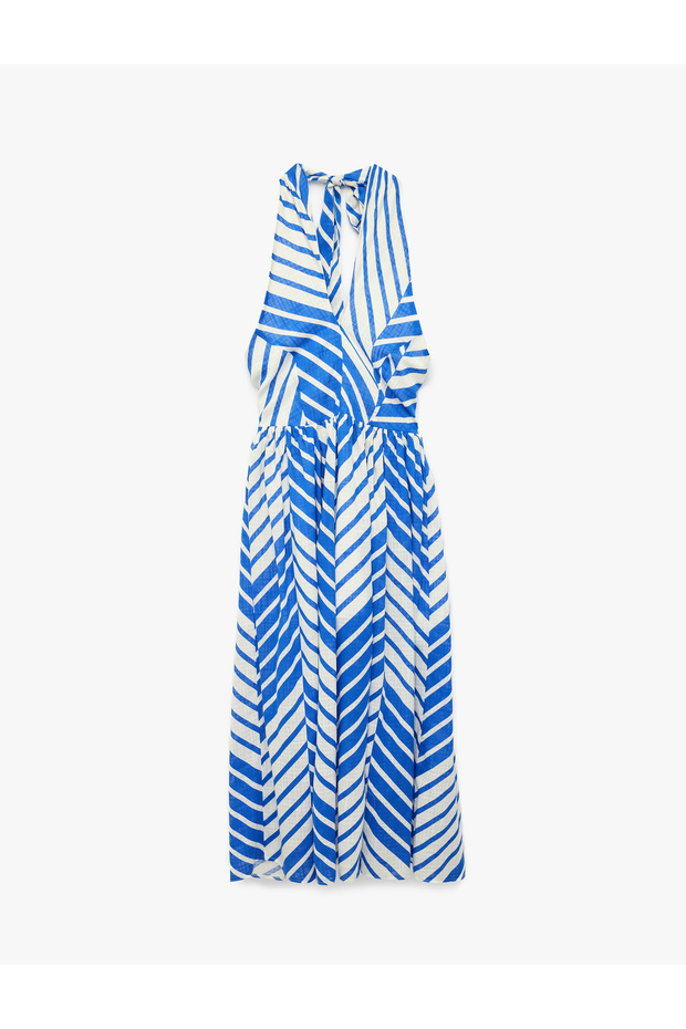 X Şahika Ercümen - Cotton Halter Neck Striped Midi Dress with Bow