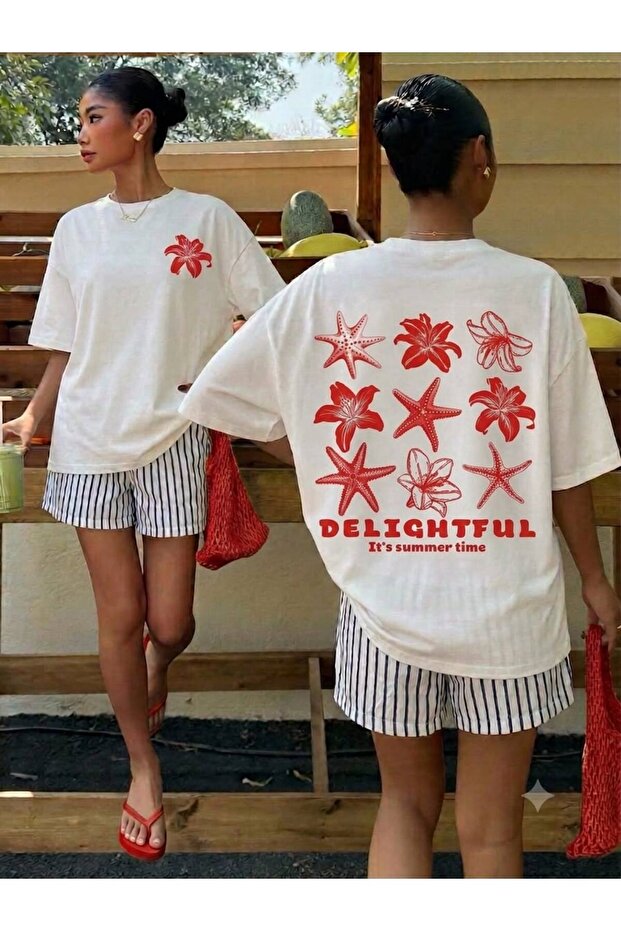 Women's Delightful It's Summer Time Sea Star Patterned Front and Back Printed T-Shirt