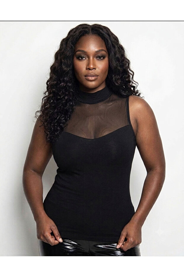 Black Viscose Plus Size Tulle Detailed Comfortable Fit Soft Fabric Oversized Blouse