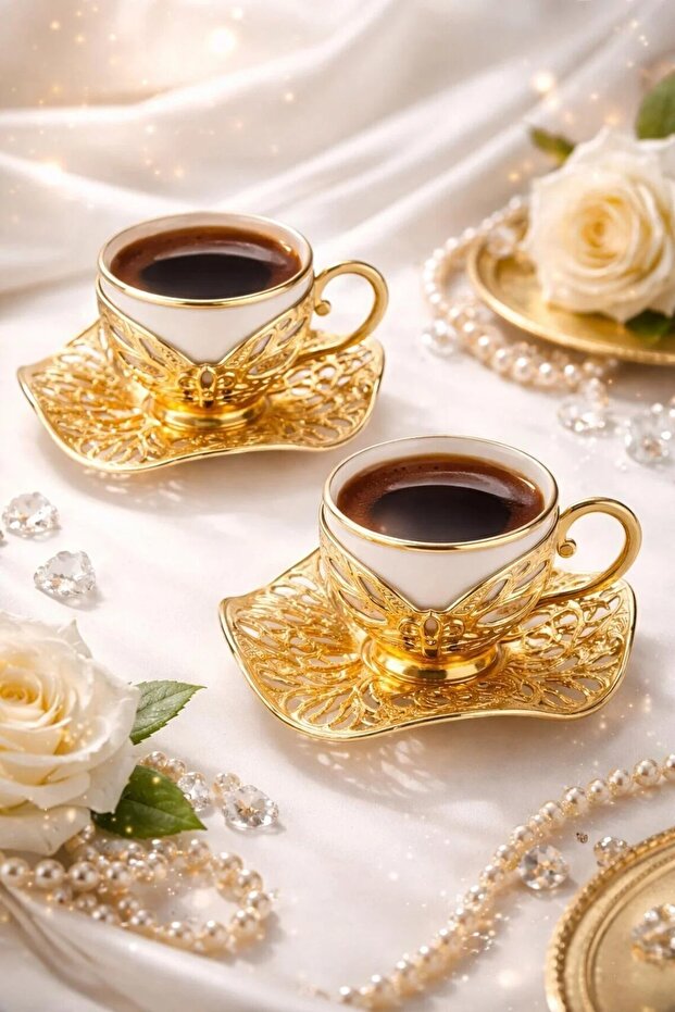 Damat Cup Turkish Coffee Presentation Set 2-Piece Metal Coffee Cup Set Coffee Cup Porcelain