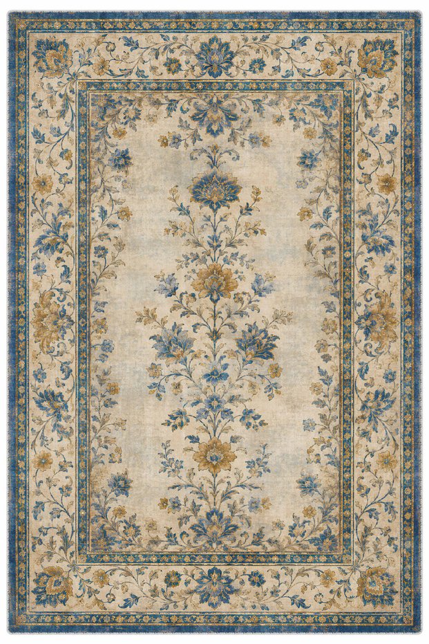 Beige Yellow Blue Floral Chenille Carpet Rug Runner Non-Slip Washable