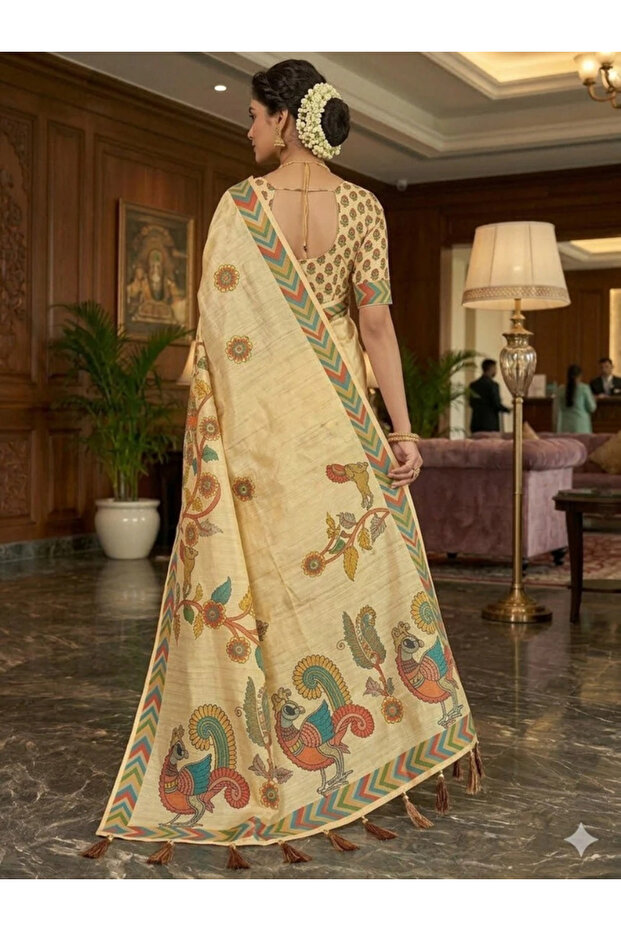 Cream Kalamkari Print Linen Saree - KTZ8306 | Cream