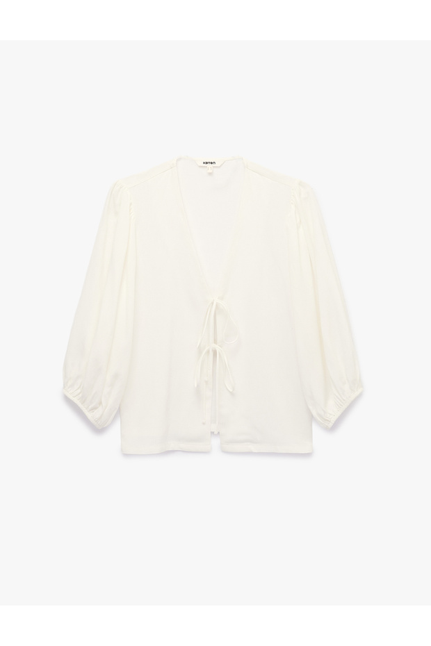 3/4 Sleeve Linen Viscose Blended Loose Fit Tie Detailed V-Neck Blouse