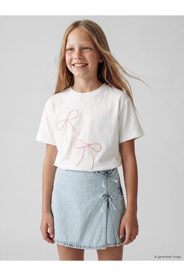 Lcw Kids White Crew Neck Bow Embroidered Girls' T-Shirt