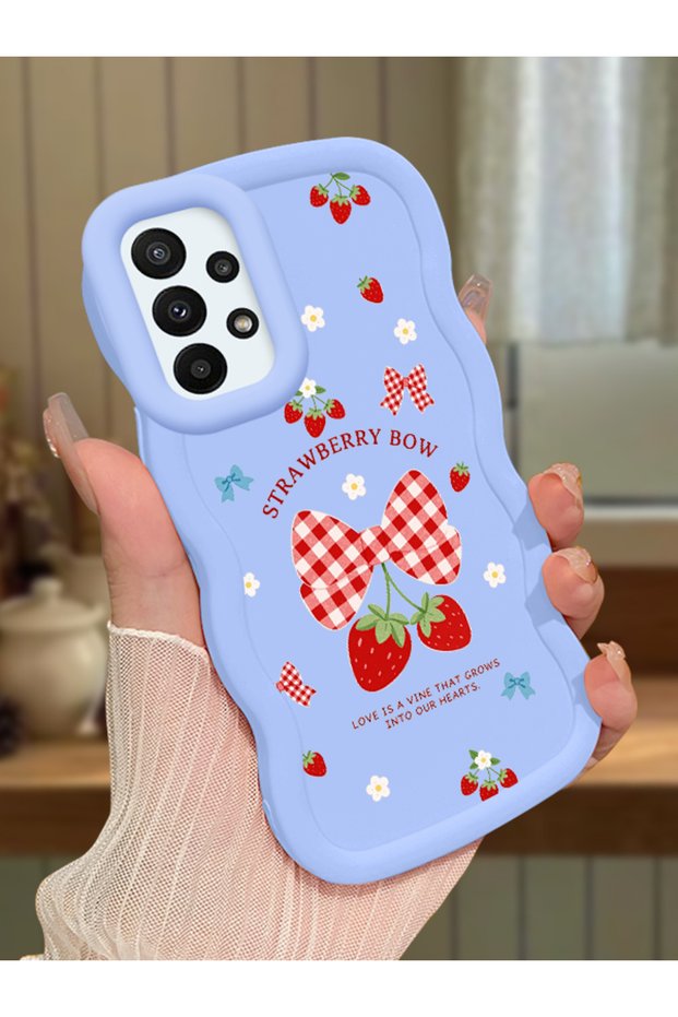 Samsung Galaxy A23 Compatible Case Camera Protector Blue Silicone Couple Phone Case Strawberry Pattern
