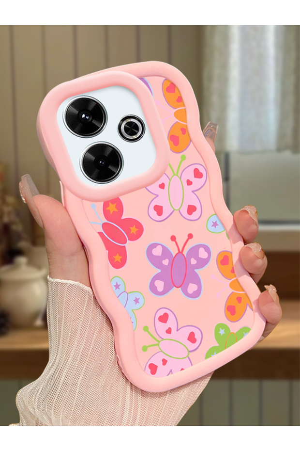 Redmi 13X Compatible Case Camera Protector Pink Silicone Couple Phone Case Butterfly Pattern