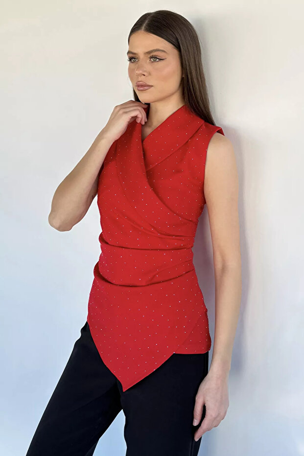 Red Women's Double-Breasted Collar Stoned Draped Asymmetrical Cut Blouse
