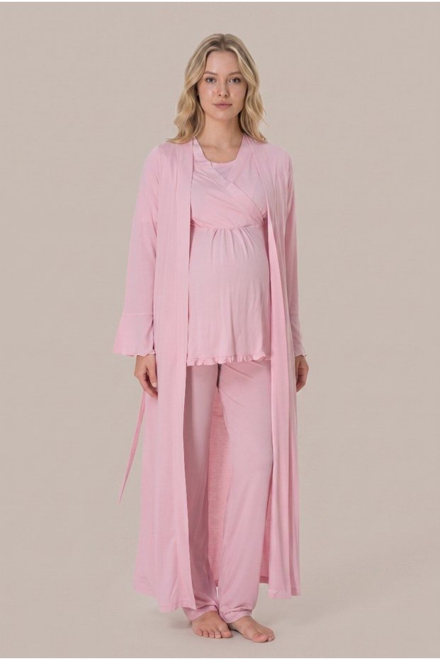 Women's Powder Double-Breasted Collar New Season Maternity Pajama Set with Breastfeeding Feature and Dressing Gown