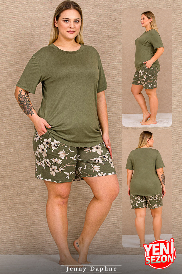 Large Size Women's Viscose Shorts Pajamas Set Khaki Floral Patterned Short Sleeve Crew Neck Relaxed Cut Pajamas Set 10447