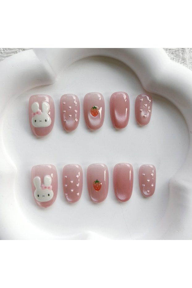 Style 2-M 10Pcs Cute 3D Polka Dot Bunny New Cat Eye Nail Art Short Almond Lovely Strawberry Rubbit R
