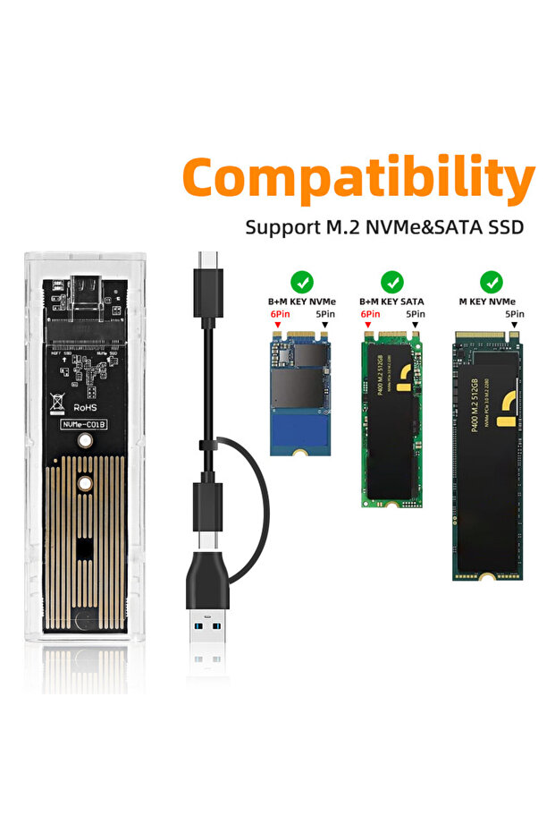 علبة محرك أقراص NVMe SATA-21 M.2 NVMe PCIe NGFF SATA ثنائية البروتوكول شفافة بمنفذ USB من النوع C بسرعة 10 جيجابت في الثانية لتحويل محركات أقراص SSD M2 PCI-E