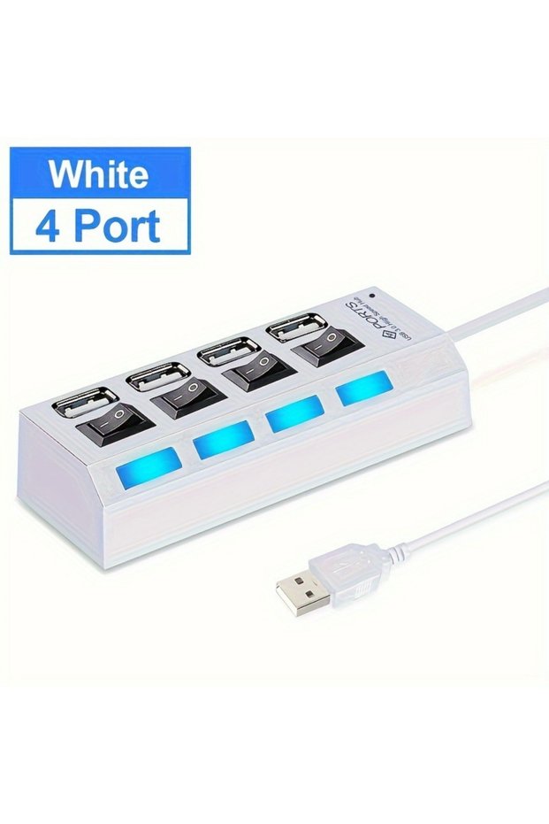 4 Port White USB 2.0 Hub 4/7 Port Splitter Power Adapter With ON/OFF Switch Multiple Expander HUB Fo