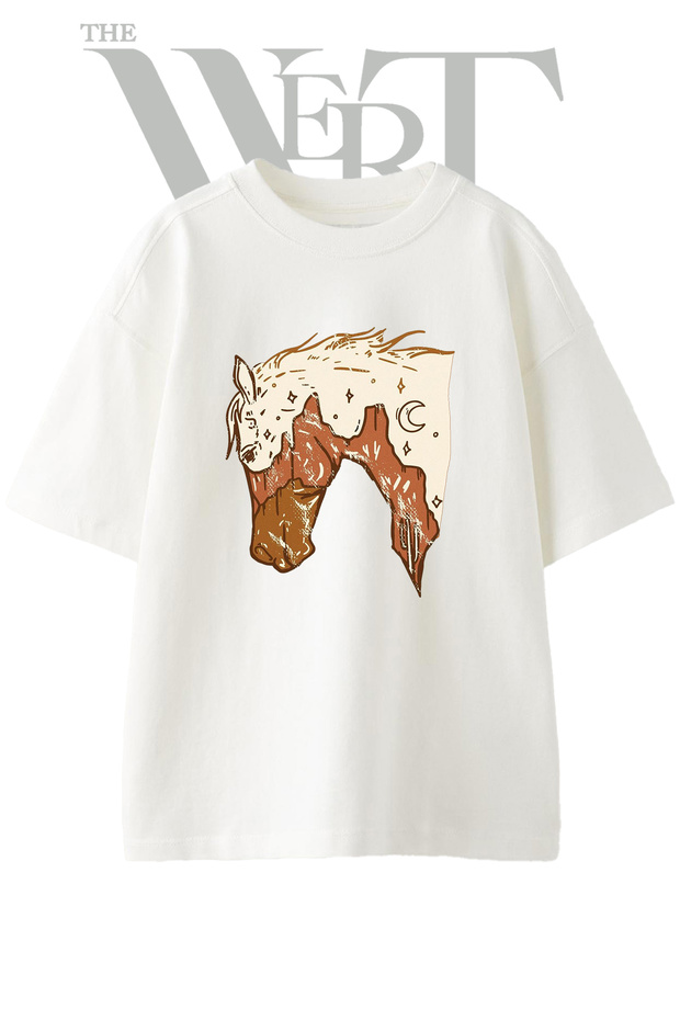 Western Horse Design Printed Unisex White Oversize T-Shirt
