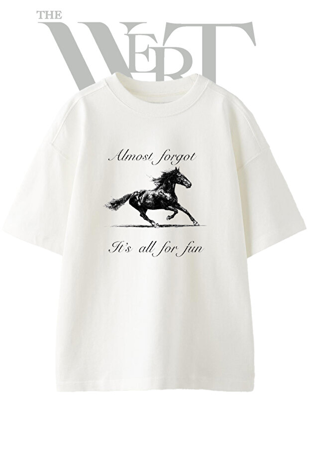 Running Horse Design Printed Unisex White Oversize T-Shirt