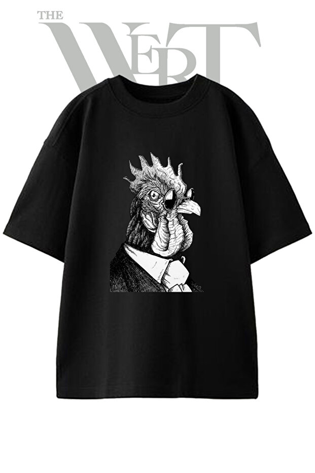 Gentleman Rooster Design Printed Unisex Black Oversize T-Shirt