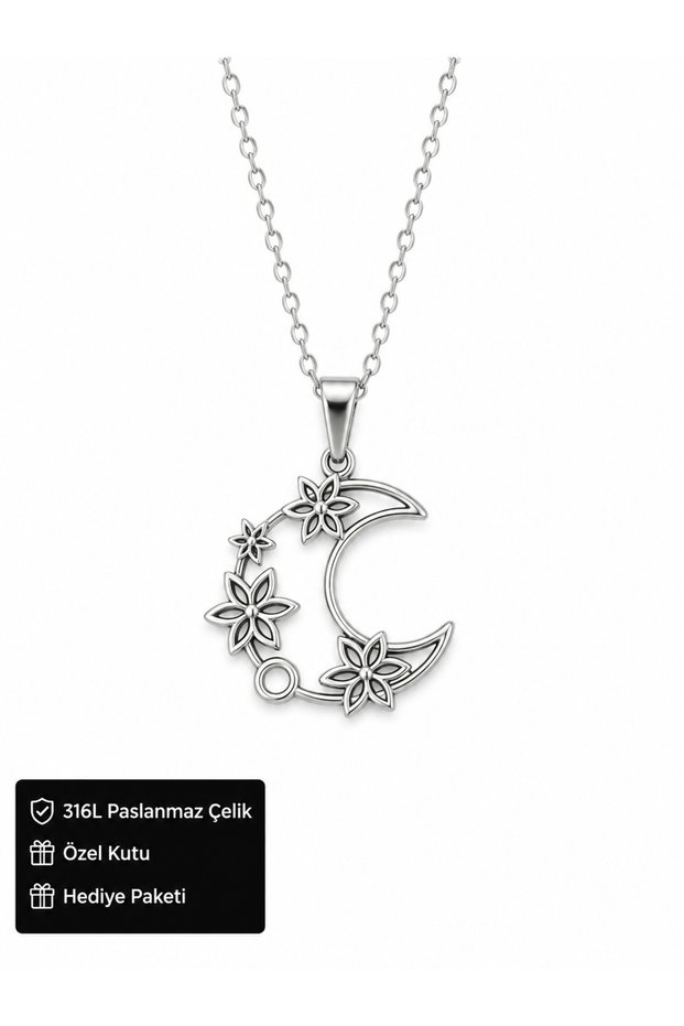 316L Stainless Steel Crescent Necklace with Floral Detail – Elegant Design Gift Necklace