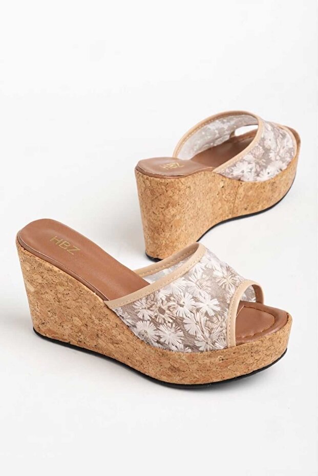 Women's Slippers Beige Shoes Padded Sole Mesh Embroidery Embroidered Cork Coated Sole
